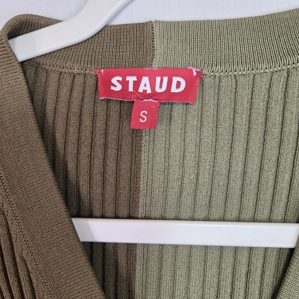 STAUD Ribbed Two Tone Green Midi Dress S Button Front Stretch Viscose Fitted - Picture 7 of 12